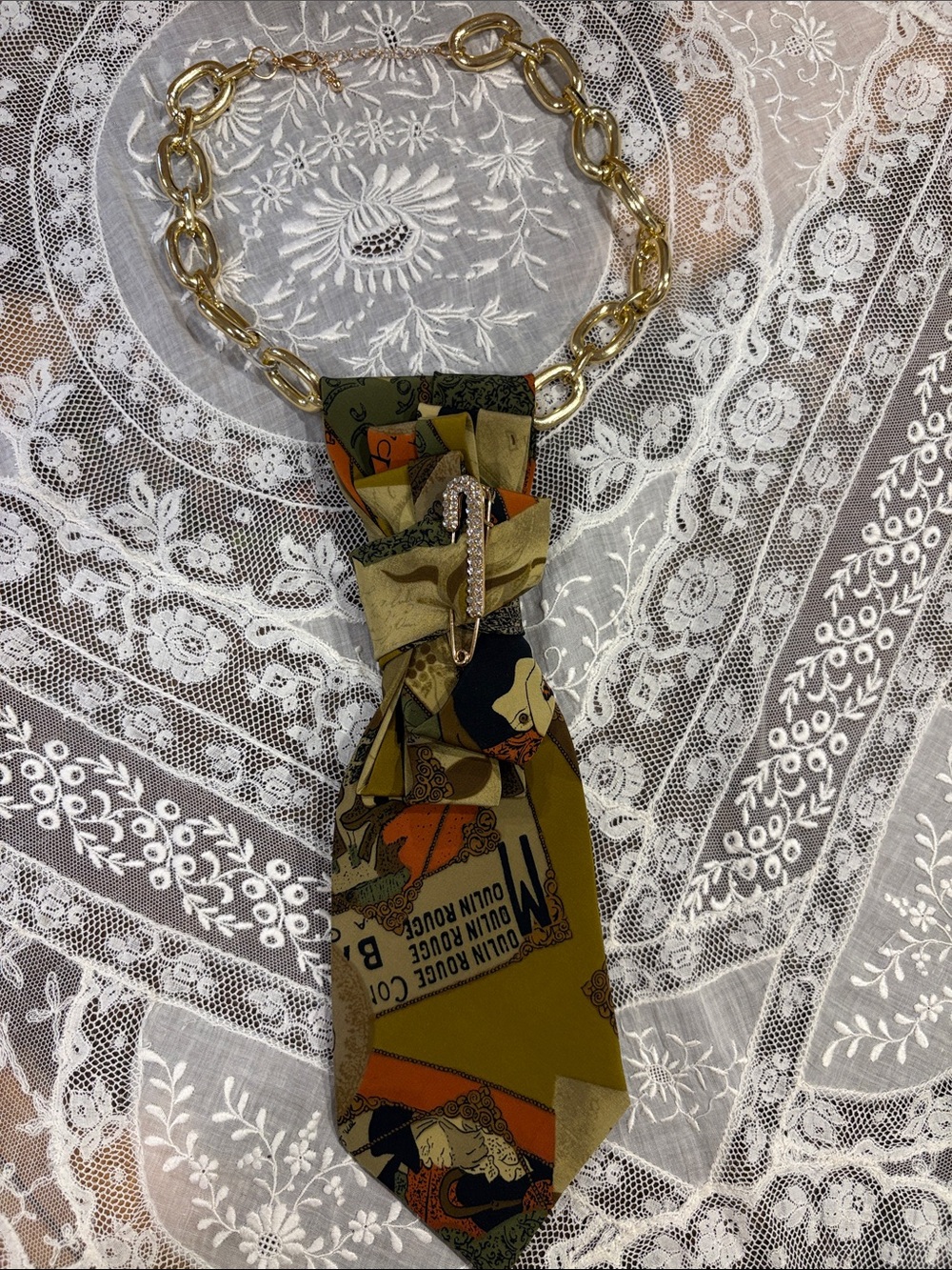 Tie Necklace with Gold Chain - Olive, Orange, Black Moulin Rouge print